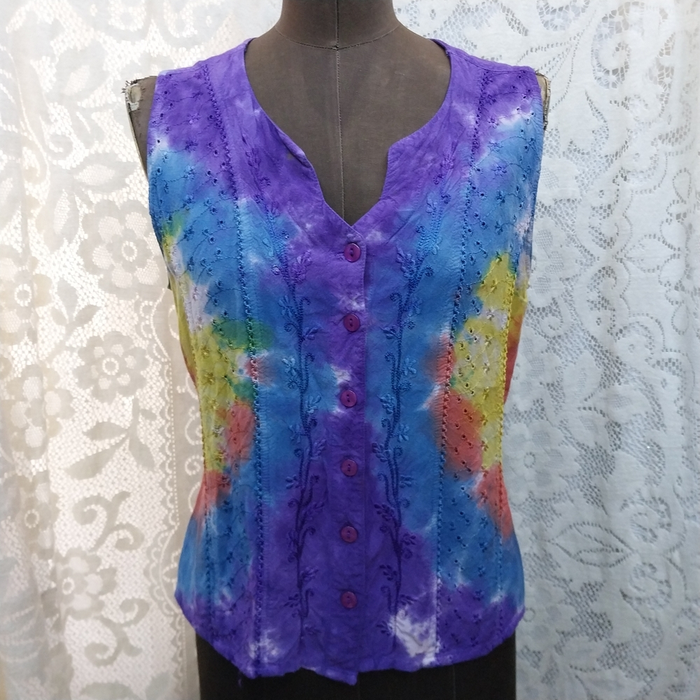 Rayon Rainbow Tie Dye Sleeveless Boho Top Embroidered Eyelet Free Size Pride